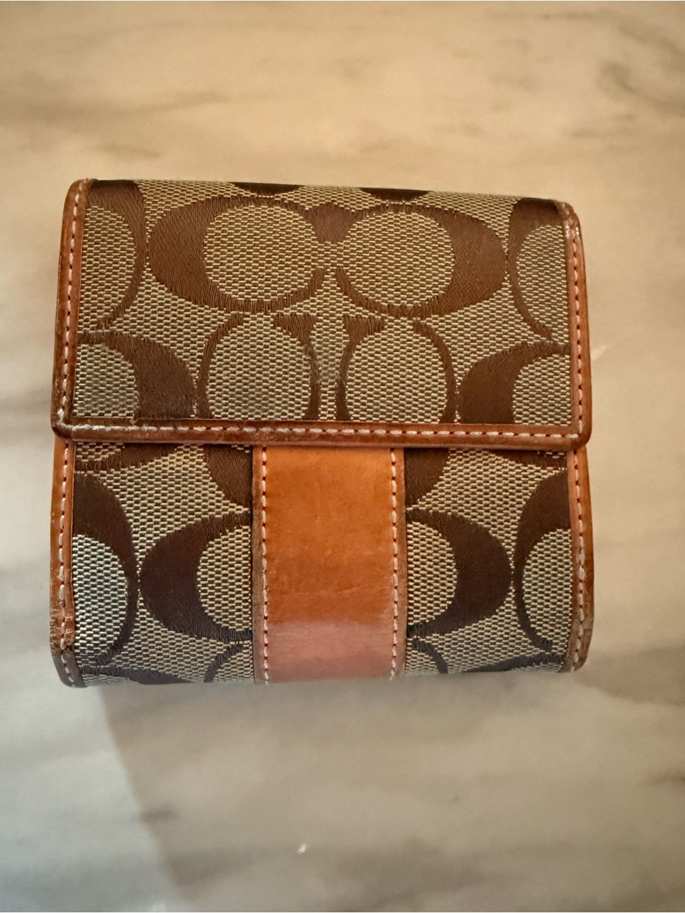 Coach Brown Signature Canvas Trifold Wallet with Tan Leather Trim